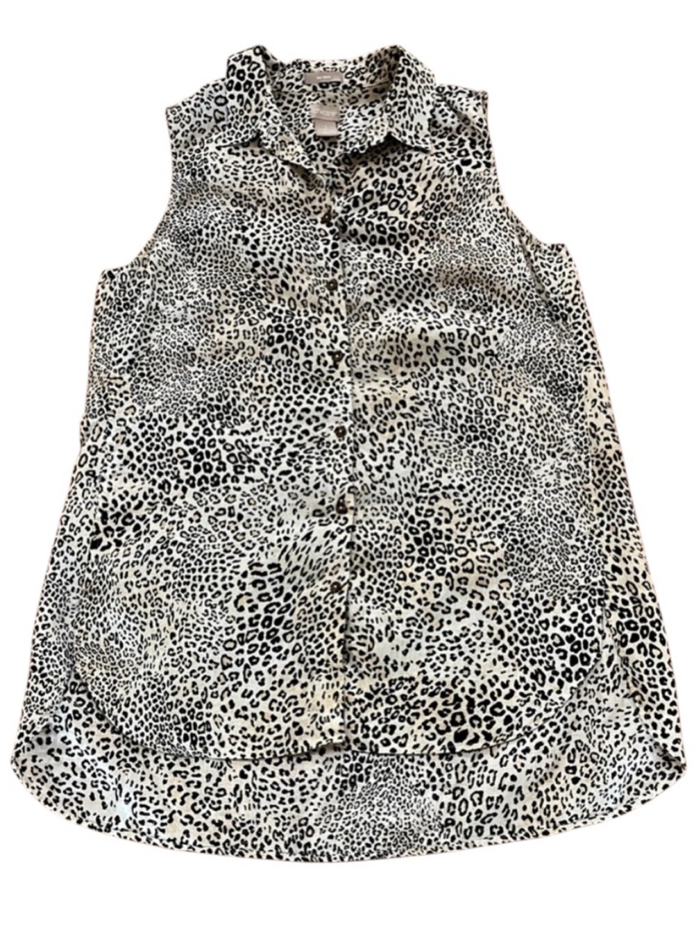 Chico's LINEN Animal Print High-Low Sleeveless Button-Up Blouse Size 2 (Large)
